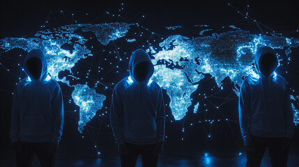 Obraz premium Hacker are planning to hack and attack networks and cyber security systems.team people innovation connection of line from nail node to node on map background , networking concept