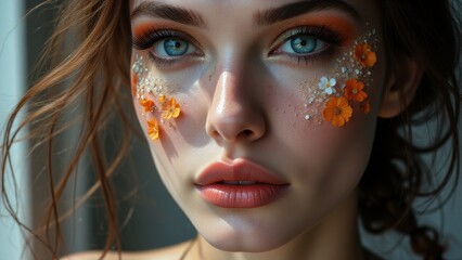 Fototapeta premium Experimental makeup on a woman with delicate orange flowers, highlighting bold fashion and beauty trends.