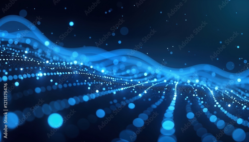 Poster Abstract tech background with shiny blue light patterns. Dynamic blue waves of light, dots. Futuristic digital illustration. Creative, modern design for tech company. Ideal backdrop for presentation