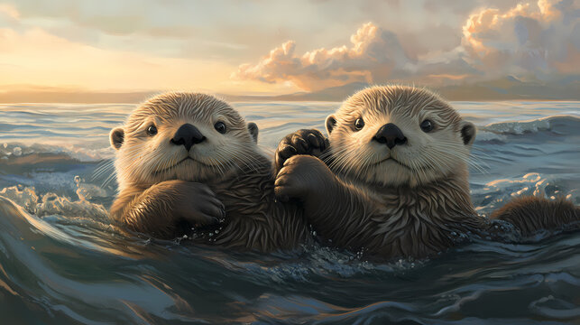 Curious sea otters playfully floating together in a calm coastal lagoon with gentle waves. Ethereal Lagoon. Illustration