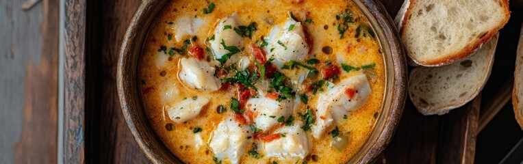 Creamy fish chowder in a rustic bowl showcases tender fish pieces, fresh herbs, and vibrant flavors, accompanied by crusty bread, perfect for a satisfying meal