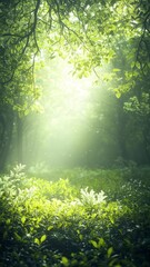 Obraz premium Lush forests undergrowth lushness concept. A serene forest scene illuminated by soft sunlight filtering through lush green leaves, creating a peaceful and magical atmosphere.