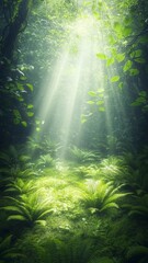 Lush forests undergrowth lushness concept. Sunlight filters through dense foliage, illuminating lush ferns in a serene, green forest.