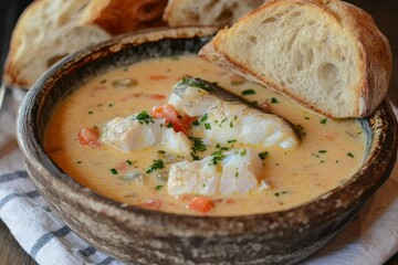 Creamy fish chowder made with tender fish and vegetables is served in a rustic bowl, accompanied by slices of fresh bread, perfect for a hearty meal at home
