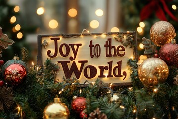 Festive Joy to the World sign, Christmas market lights