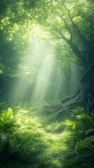 Lush forests undergrowth lushness concept. Lush forest scene illuminated by soft sunlight streaming through trees, creating a serene and tranquil atmosphere.