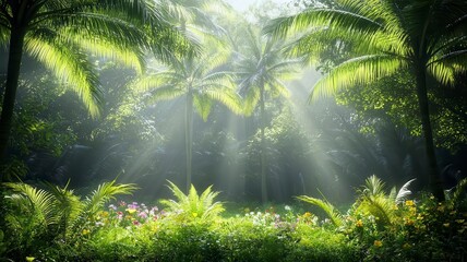 Lush forests undergrowth lushness concept. A serene forest scene with sunlight filtering through lush green palm leaves, creating a tranquil and vibrant atmosphere.