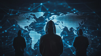 Obraz premium Hacker are planning to hack and attack networks and cyber security systems.team people innovation connection of line from nail node to node on map background , networking concept