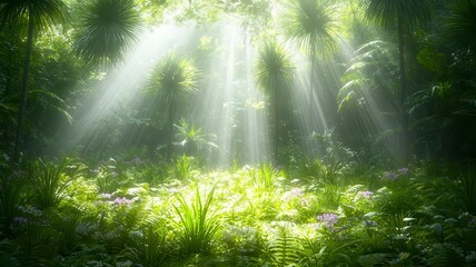 Obraz premium Lush forests undergrowth lushness concept. A serene forest scene bathed in soft, dappled sunlight illuminating lush greenery and flowering plants.