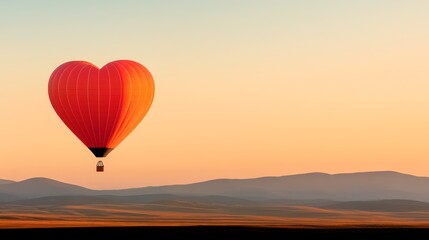 Fototapeta premium A whimsical drawing of a heart-shaped hot air balloon hovering over a charming countryside landscape with fields and a cottage.