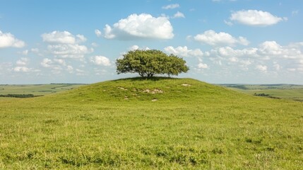 Lone tree on grassy hill, sunny day, prairie background, peaceful nature scene, ideal for travel brochures