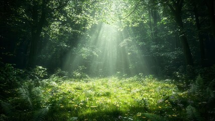 Obraz premium Lush forests undergrowth lushness concept. A tranquil forest scene with sunlight filtering through trees, illuminating a lush green clearing, creating a peaceful and serene atmosphere.