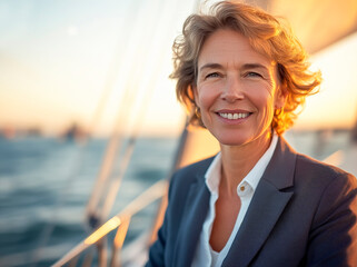 Confident mature woman enjoying a sunset sailing trip, embracing freedom and success on the open sea