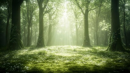 Obraz premium Lush forests undergrowth lushness concept. A serene forest scene illuminated by soft sunlight filtering through lush green trees, creating a tranquil, magical atmosphere.