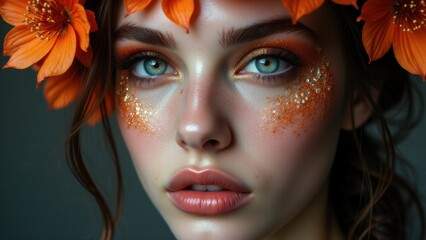 Obraz premium Artistic experimental makeup featuring soft orange flowers on a woman, creating a bold fashion statement.