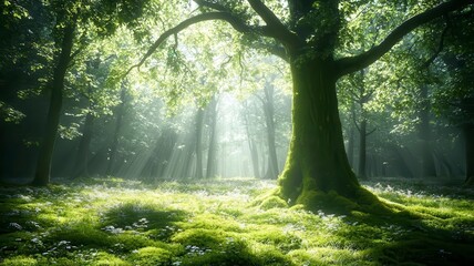 Obraz premium Lush forests undergrowth lushness concept. A serene forest scene with sunlight filtering through lush green leaves, illuminating a tranquil mossy ground.