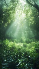 Obraz premium Lush forests undergrowth lushness concept. A serene forest scene with sunlight filtering through trees, illuminating lush green foliage and creating a tranquil atmosphere.