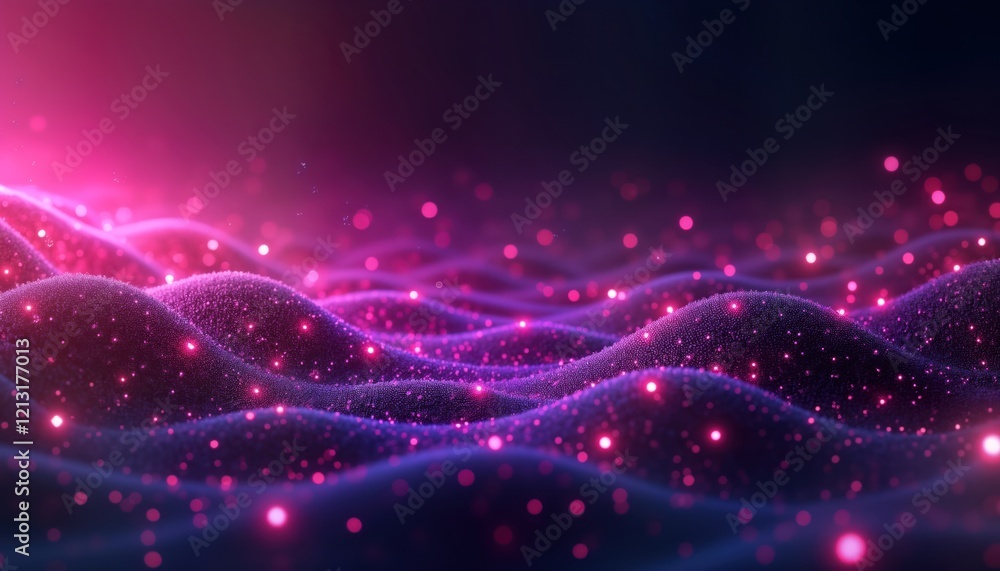 Poster Abstract purple pixelated texture background with dynamic neon gradient. Futuristic broadcast banner with wavy patterns. Modern vhs led display element. Vivid colors create dynamic, energetic tech