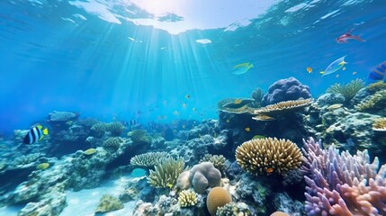 Obraz premium Vibrant Underwater Coral Reef Paradise: Sunbeams Illuminate Tropical Fish and Colorful Corals