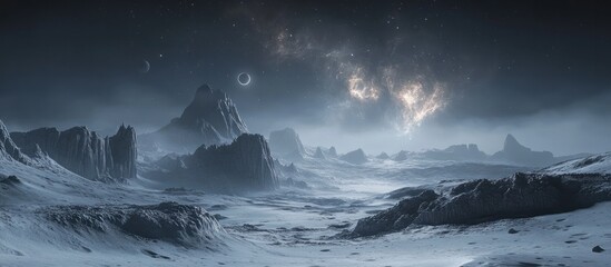 Imposing snow capped mountains rise into a dark moody sky filled with swirling clouds stars and a crescent moon overlooking a tumultuous icy ocean in this epic cinematic landscape