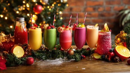 Festive Christmas smoothies, wooden table, brick wall