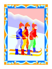 Kids Skiing in the Mountains vector illustration
