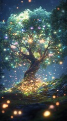 Mesmerizing glowing tree stands in a magical fairytale like forest surrounded by sparkling stars and twinkling fireflies