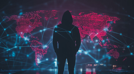 Obraz premium Hacker are planning to hack and attack networks and cyber security systems.team people innovation connection of line from nail node to node on map background , networking concept