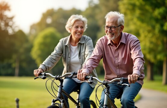 Cheerful senior couple enjoys biking in park. Active retirees fun outdoors. Couple looks happy, affectionate. Summer day in public park. Perfect senior activity. Healthy lifestyle, outdoor recreation.