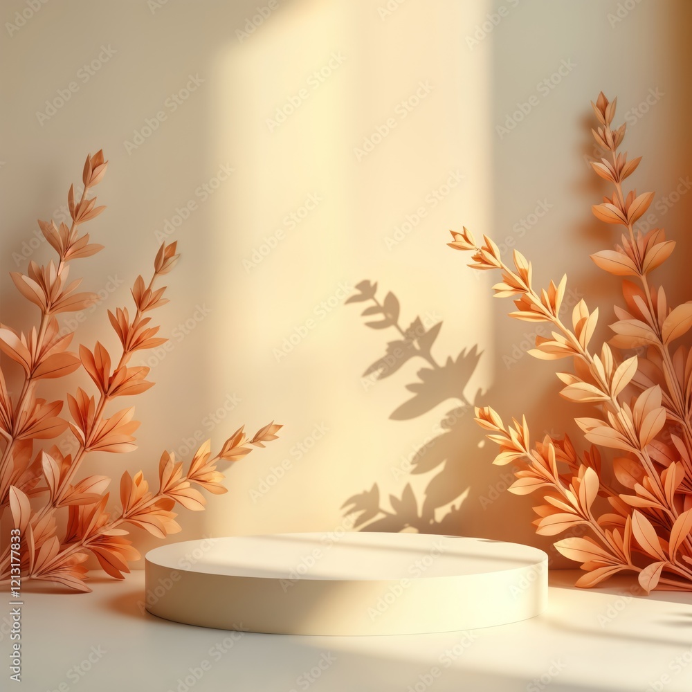 Aufkleber Empty podium platform in studio setting. Beige, orange tones create warm aesthetic. Natural light casts shadows of plants, creating soft backdrop for product display. Modern design elements. Empty