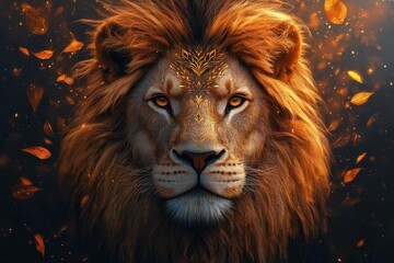 Fototapeta premium majestic lion head portrait in geometric art style metallic gold and deep burgundy palette intricate mandalainspired patterns