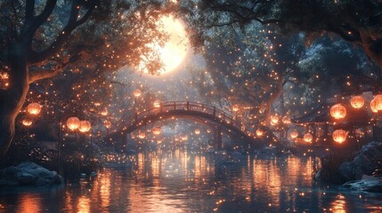 Fototapeta premium Enchanting fairytale landscape at night with a mystic atmosphere of glowing lanterns sparkling lights and shimmering reflections on the tranquil river below a wooden bridge arch A serene dreamy
