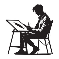 A silhouette of a focused young artist seated at a drawing table, engrossed in a digital design project.