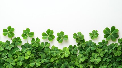 Fresh green clover leaves arranged on a white background, designed as a banner for St. Patricka??s Day.