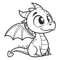 Obraz premium Cute dragon sitting, black outline, monochrome vector.