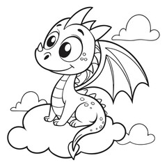 Cute dragon sitting, black outline, monochrome vector.
