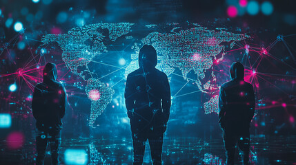 Obraz premium Hacker are planning to hack and attack networks and cyber security systems.team people innovation connection of line from nail node to node on map background , networking concept