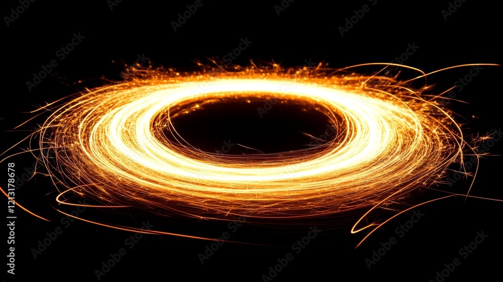 Poster golden light trails with sparkling streaks in dynamic motion blur on black background