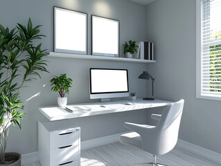 Minimalist home office with a white desk and simple decor