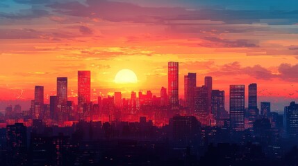 Vibrant cityscape silhouette against a fiery sunset sky with silhouetted birds and clouds