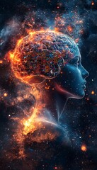 Cosmic Consciousness, Burning Mind abstract art of brain on fire, spiritual awakening.