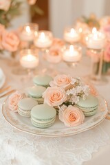  Green macarons paired with delicate roses and glowing candles on a white, elegant table setting