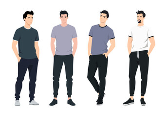 Vector illustration. Group of four men in modern casual style. Each is dressed in simple yet stylish clothing using neutral colors of black, white and shades of grey.