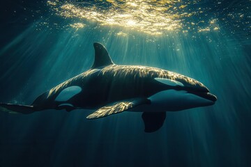 Fototapeta premium majestic orca calf swimming in crystalclear turquoise waters tender moment as it glides beneath protective mother sunlight filtering through depths creates ethereal glow