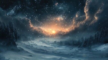 Snowy mountain sunrise, cosmic dust, winter landscape, fantasy art, background