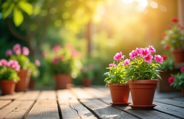 Pink flowers in terracotta pots stand on wooden terrace balcony on bright sunny day. Sunny garden scene in spring summer. Plants, flowers in pots on wooden surface outdoors. Beautiful floral decor.