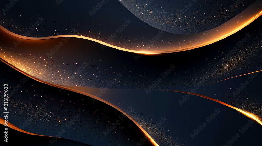 Poster abstract wavy lines with golden light sparkles on dark background