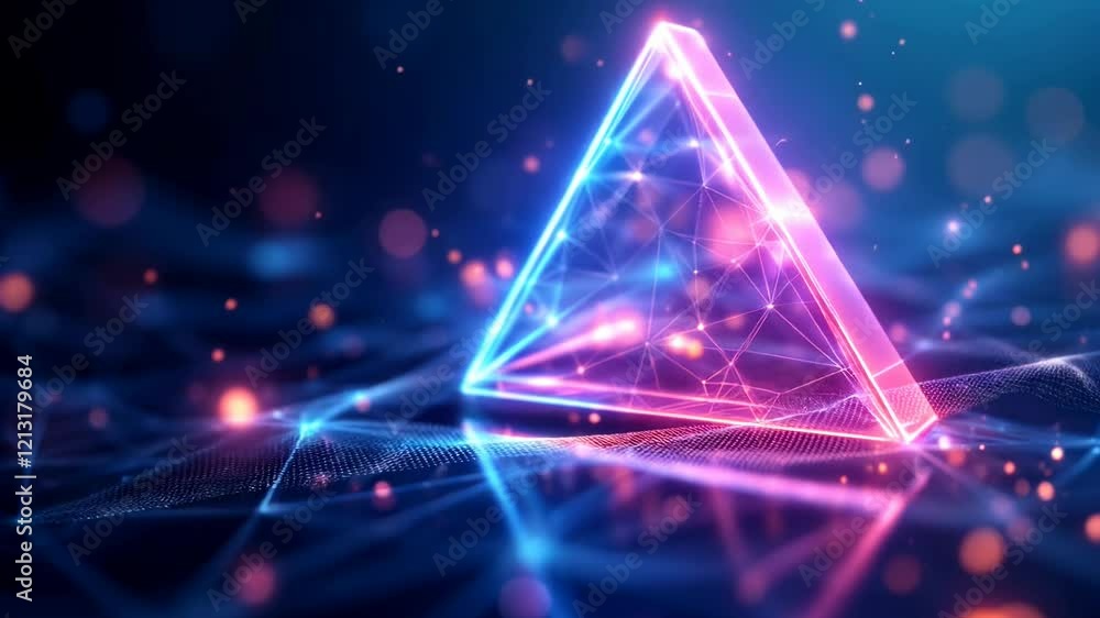 Aufkleber glowing neon triangle with light particles on dark background. abstract geometric 3d animation with 