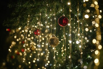 Festive outdoor Christmas tree, glowing lights, bokeh background, holiday decoration