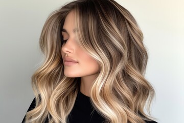 A side profile of a young woman with long, wavy, blonde hair against a light background.